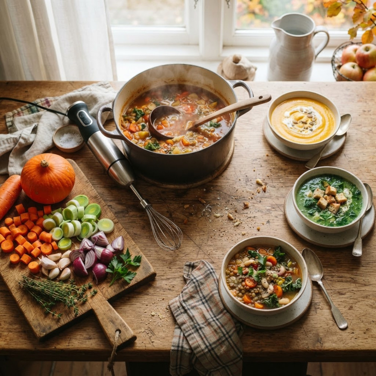 Comment faire une soupe maison : légumes de saison, marmite et bols de soupes