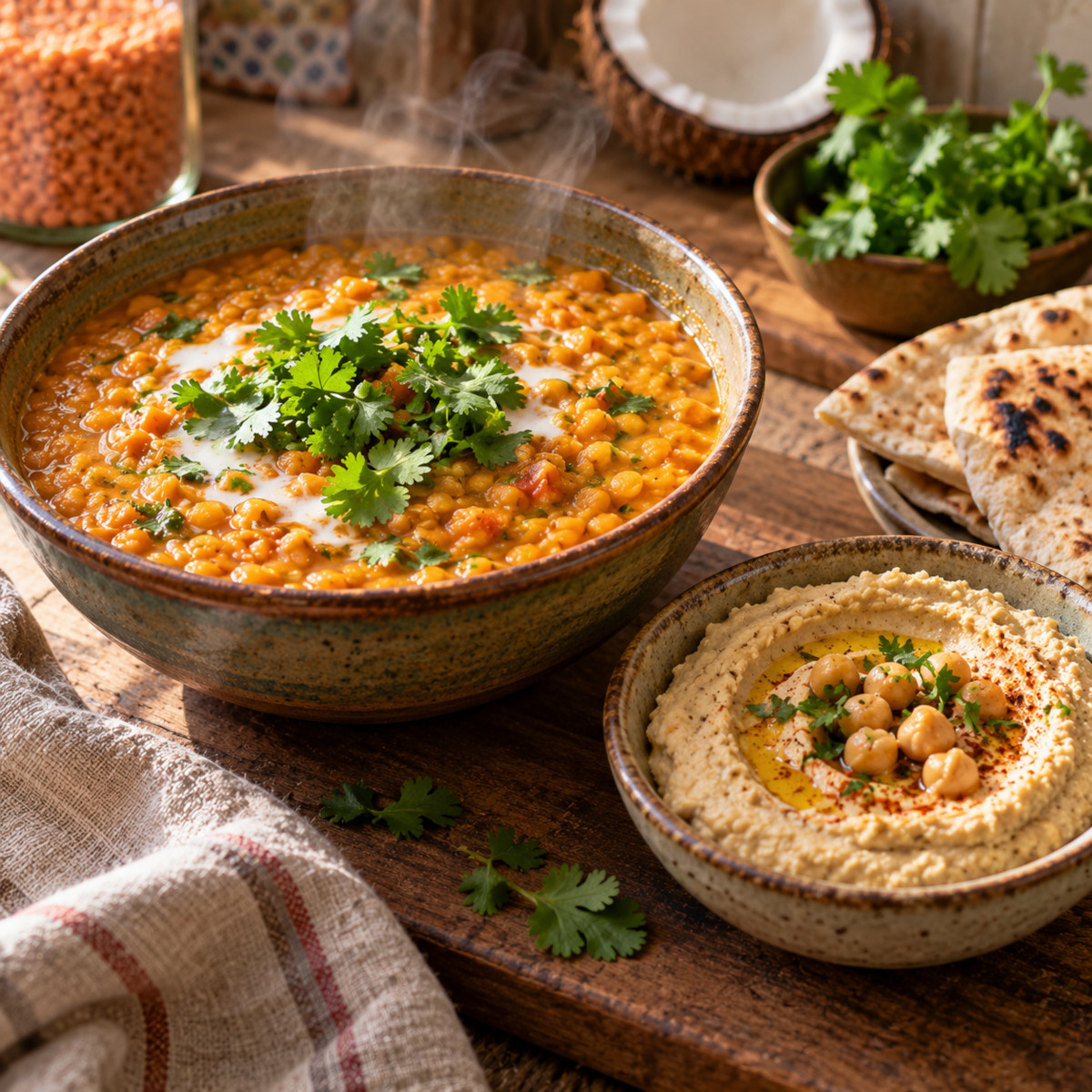 Dahl de lentilles corail et houmous de pois chiches maison