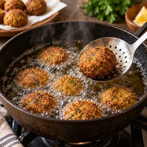 Falafels dorés à la friture égouttés sur papier absorbant
