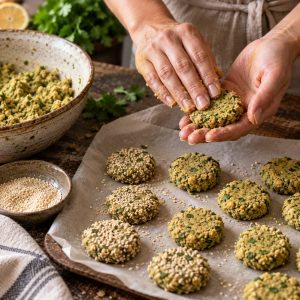 Falafels façonnés en petits palets roulés dans des graines de sésame