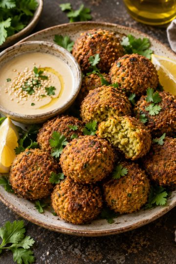 Falafels maison croustillants dorés servis avec sauce tahini et citron