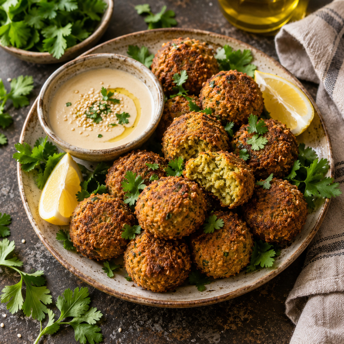 Falafels maison croustillants dorés servis avec sauce tahini et citron