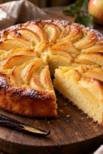 Gâteau aux pommes moelleux en rosace, doré, saupoudré de sucre glace sur une planche en bois