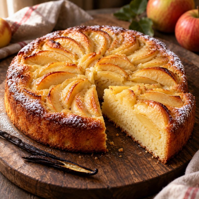 Gâteau aux pommes moelleux en rosace, doré, saupoudré de sucre glace sur une planche en bois