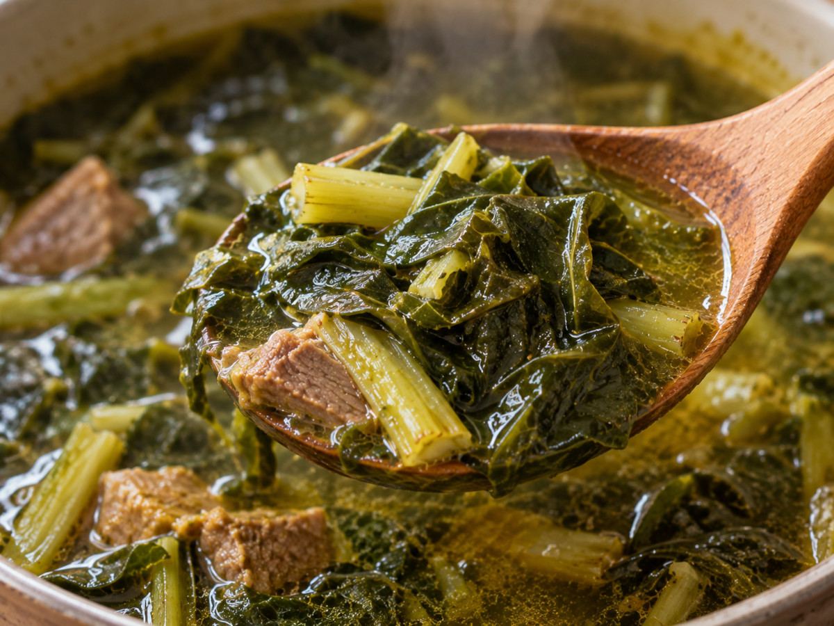 Gros plan sur les feuilles de songe fondantes dans le bouillon