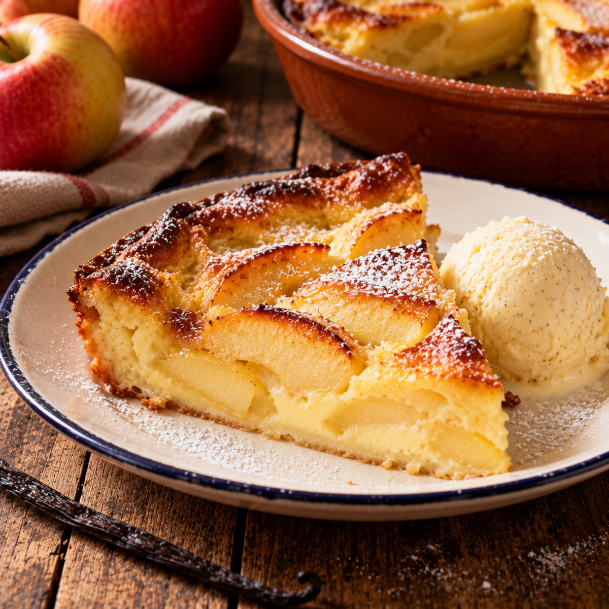Part de clafoutis aux pommes tiède avec une boule de glace vanille
