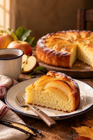 Part de gâteau aux pommes montrant la mie moelleuse et un quartier fondant
