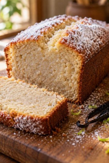 Part de gâteau de songe réunionnais moelleux saupoudré de sucre glace