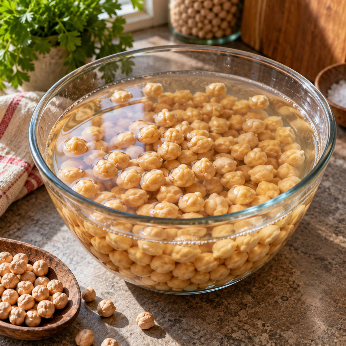 Pois chiches en trempage dans un bol d'eau avant cuisson