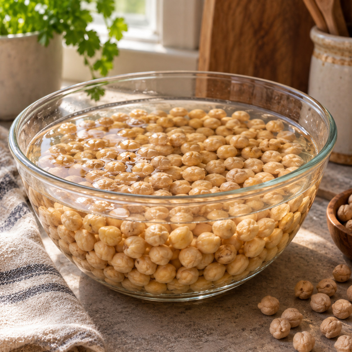 Pois chiches secs en trempage dans un bol d'eau