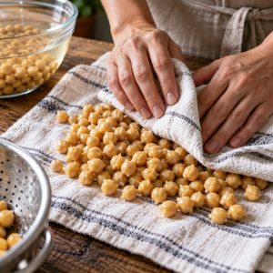 Pois chiches secs trempés et égouttés sur un torchon avant mixage