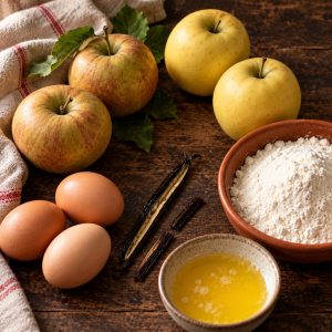 Pommes Reinette et Golden, gousse de vanille Bourbon, œufs, farine et beurre sur un plan de travail
