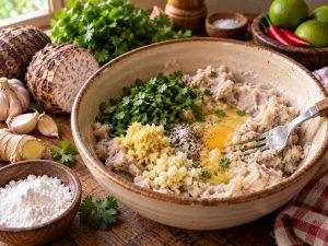 Purée de songe mélangée à l'œuf et aux herbes dans un saladier