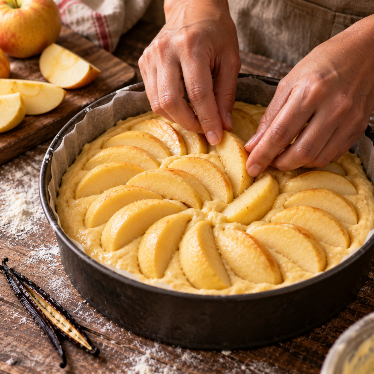 Quartiers de pommes entaillés enfoncés en rosace dans la pâte avant cuisson