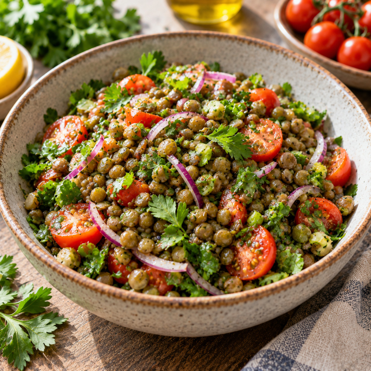 Salade de lentilles vertes aux tomates et herbes fraîches