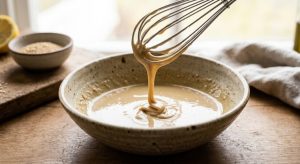 Sauce tahini détendue à l'eau glacée, lisse et brillante, retombant en ruban du fouet