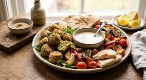 Sauce tahini servie avec des falafels maison et des légumes rôtis