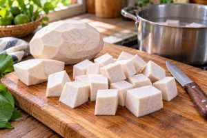Songe épluché coupé en cubes avant cuisson à l'eau