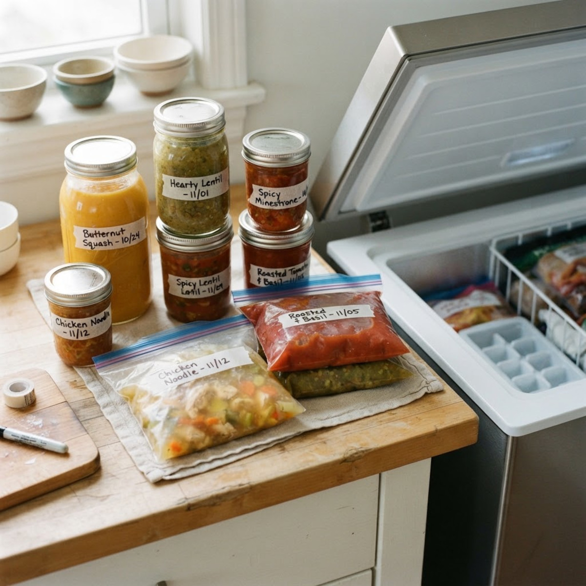 Soupes maison en bocaux et sachets pour la congélation