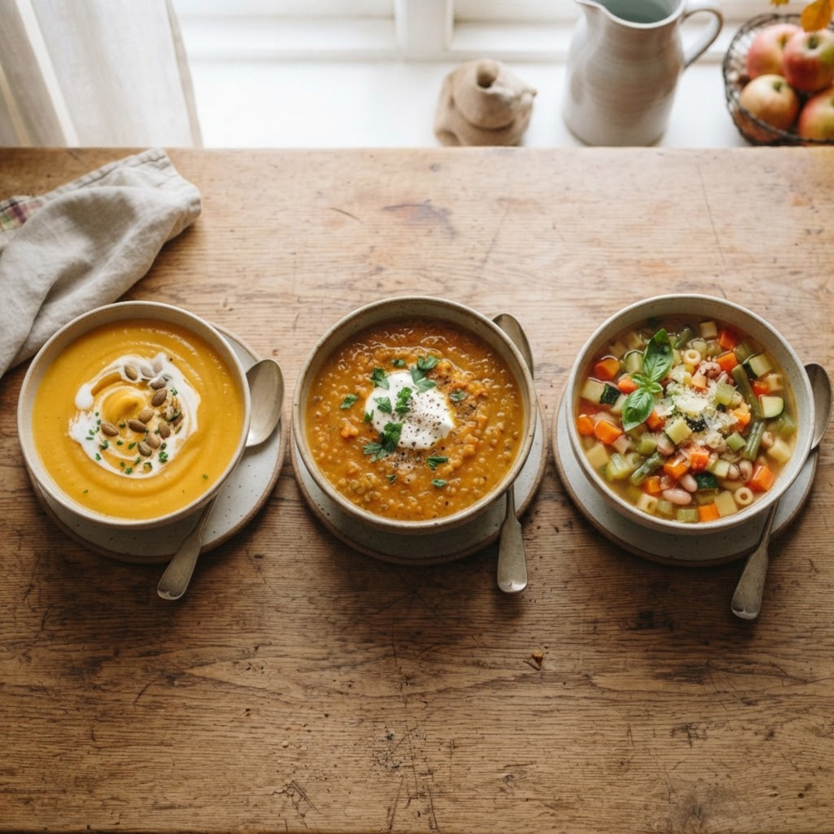 Trois textures de soupe maison : velouté, soupe moulinée et soupe en morceaux