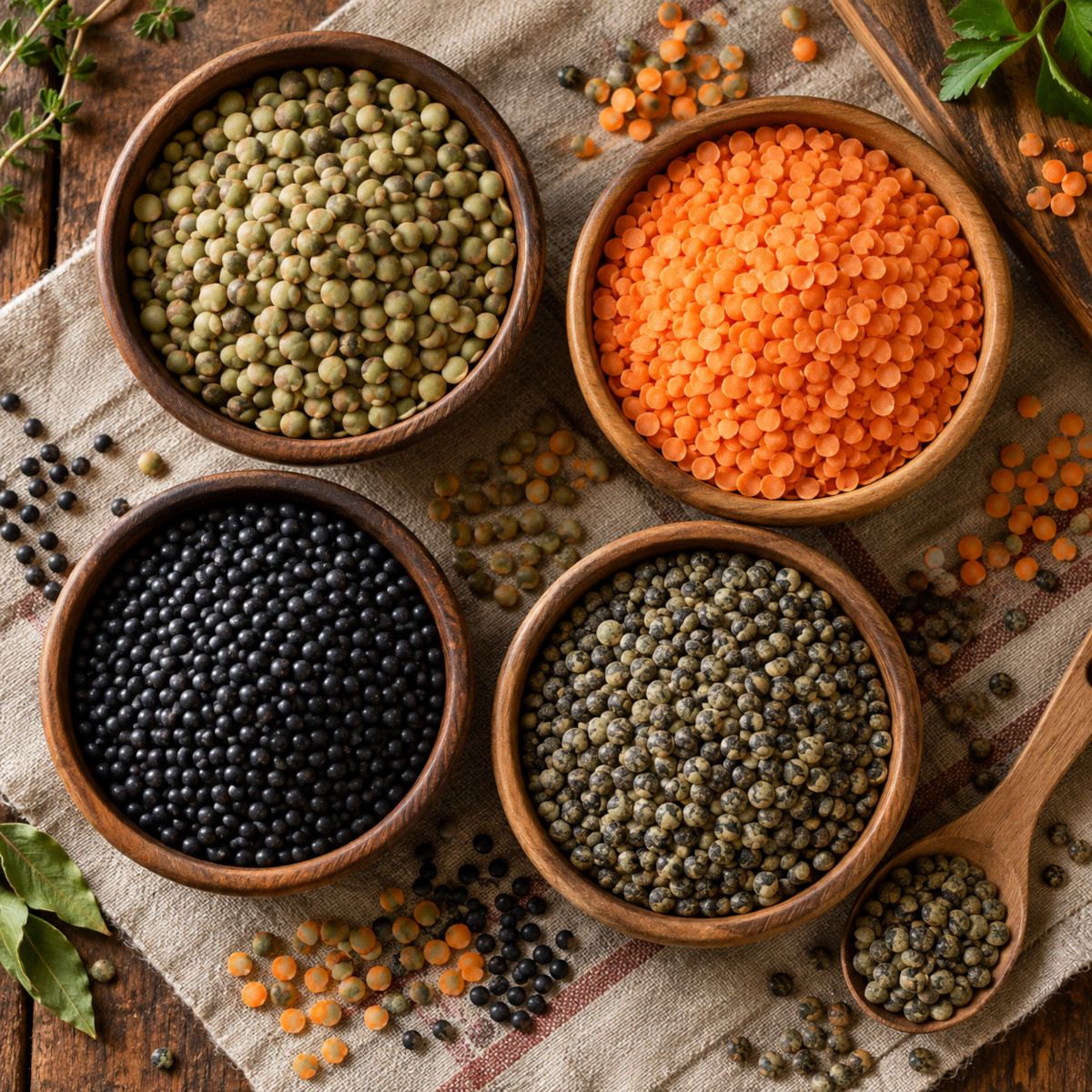 Variétés de lentilles dans des bols en bois : vertes, corail, noires et du Puy