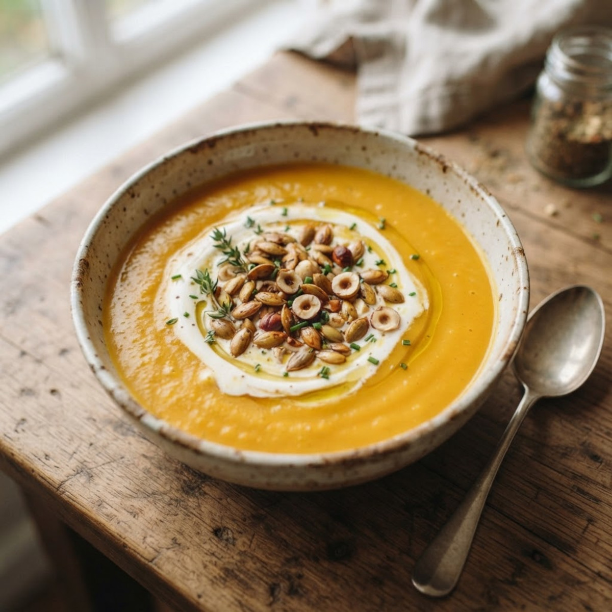 Velouté maison avec finitions : crème, graines grillées, noisettes et herbes fraîches