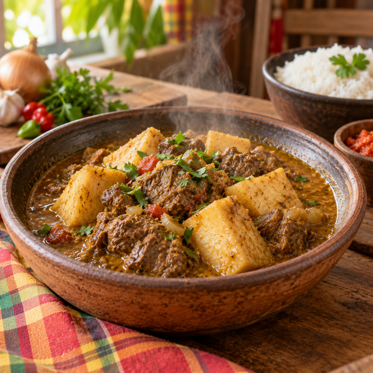 cari de bœuf aux songes servi dans une assiette créole
