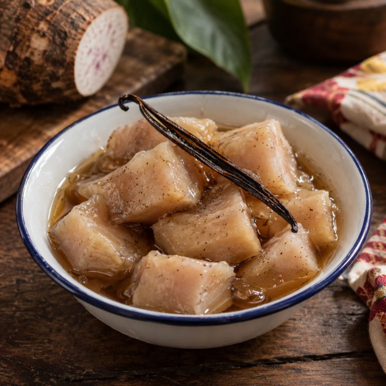 songe au sucre réunionnais servi froid dans une coupelle nappé de sirop de vanille