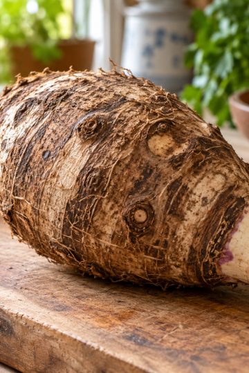 songe réunionnais cru entier posé sur une planche en bois