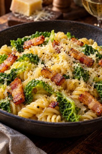 Assiette creuse de pâtes au chou et lardons nappées de comté fondu