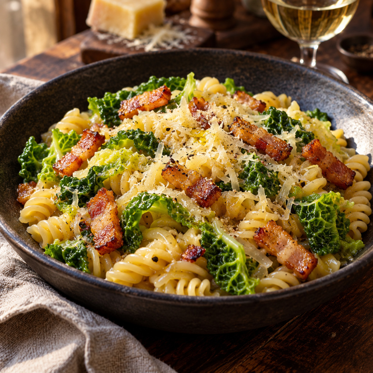 Assiette creuse de pâtes au chou et lardons nappées de comté fondu