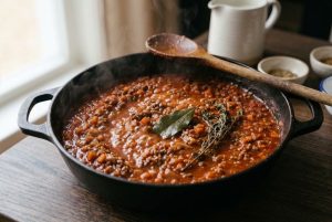 Bolognaise maison qui mijote dans une sauteuse à fond épais