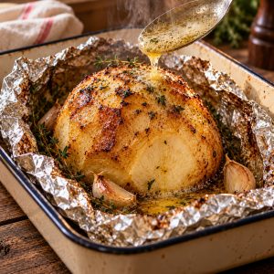 Céleri-rave dans sa papillote ouverte, arrosé de beurre fondu à la cuillère