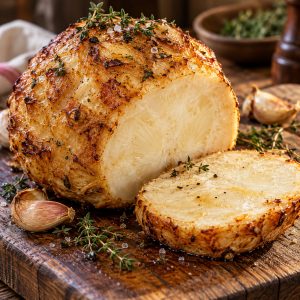 Céleri-rave rôti entier doré au beurre sur une planche en bois, avec thym et ail confit