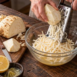Céleri-rave taillé en julienne au-dessus d'un saladier de jus de citron