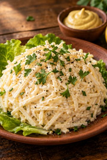 Céleri rémoulade maison servi en dôme sur des feuilles de salade, herbes ciselées