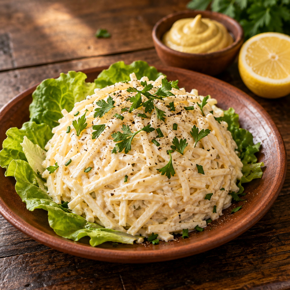 Céleri rémoulade maison servi en dôme sur des feuilles de salade, herbes ciselées