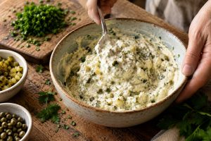 Cornichons, câpres et herbes incorporés à la mayonnaise pour monter la sauce tartare