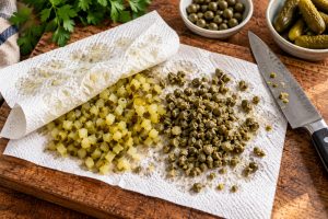 Cornichons et câpres hachés pressés dans du papier absorbant, l'astuce pour une tartare qui ne rend pas d'eau