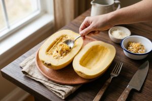 Courge crue coupée en deux, graines retirées à la cuillère
