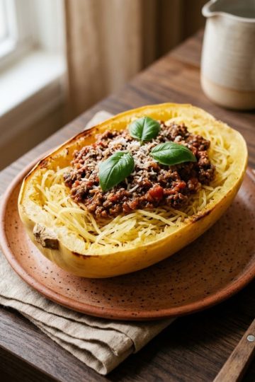 Courge spaghetti au four servie dans sa demi-écorce, garnie de bolognaise maison et de basilic frais