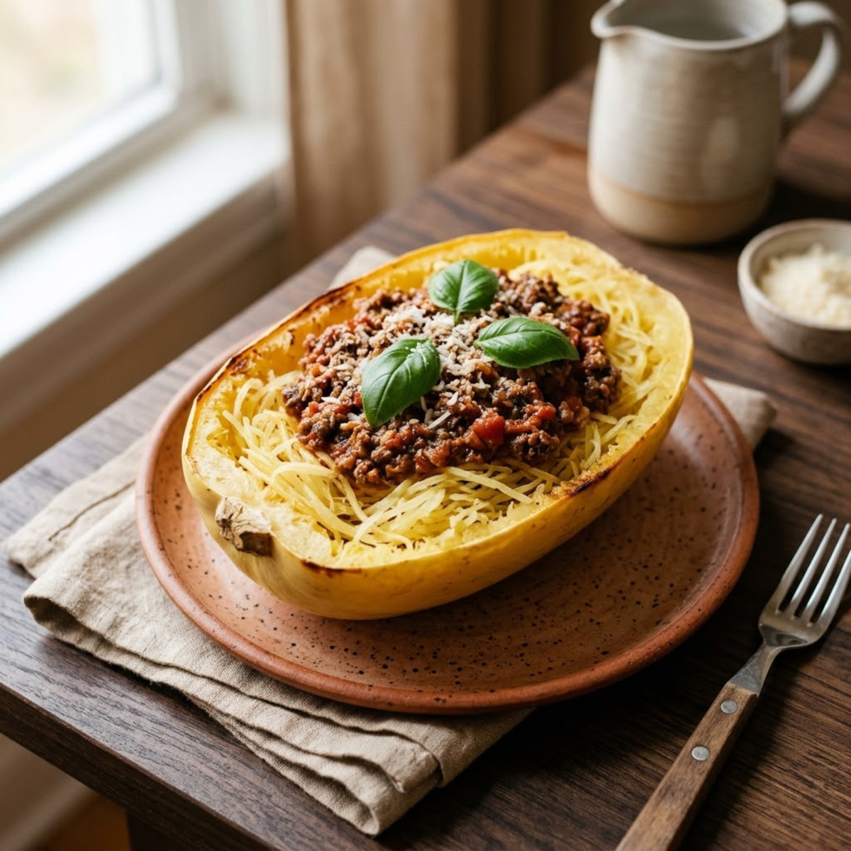 Courge spaghetti au four servie dans sa demi-écorce, garnie de bolognaise maison et de basilic frais
