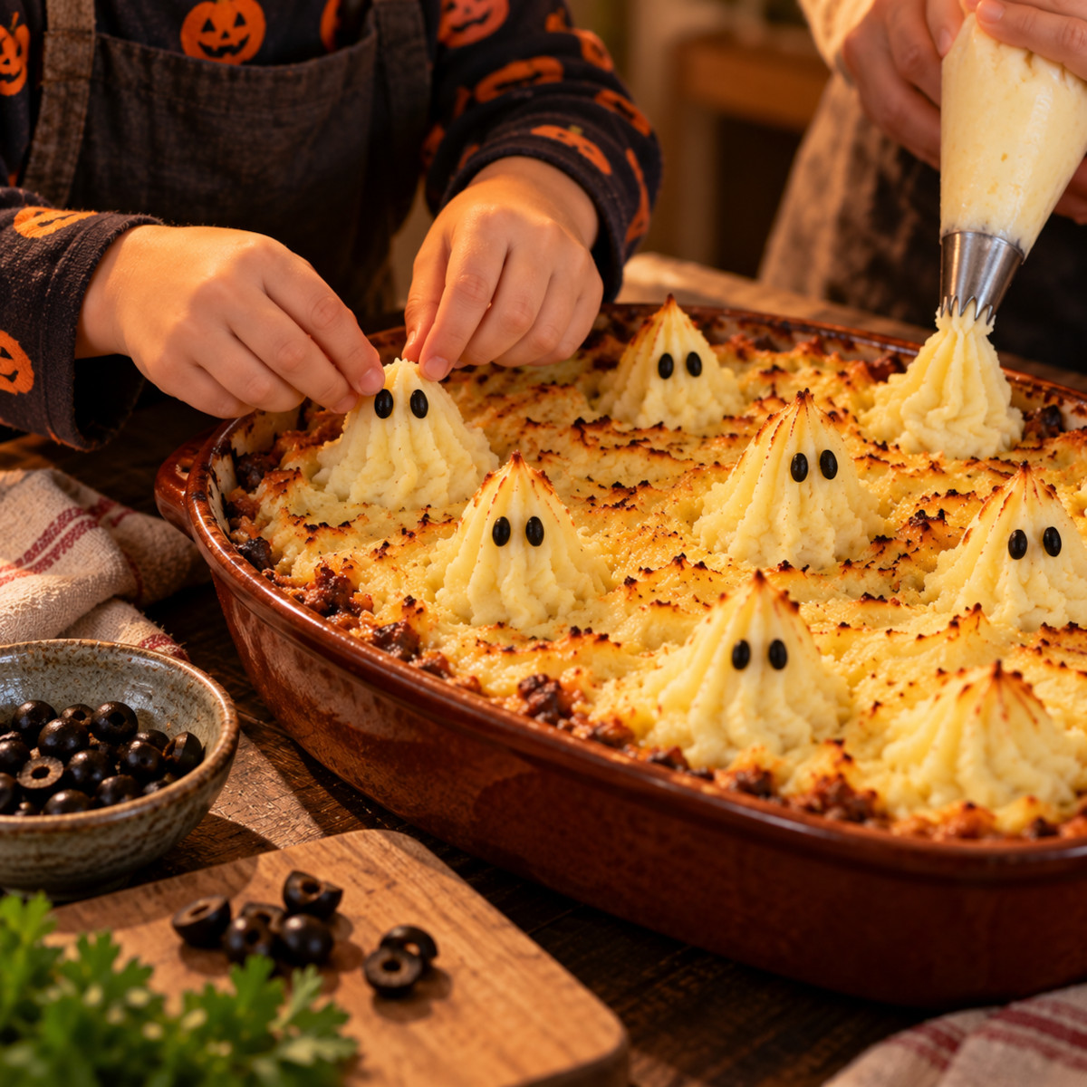 Enfant posant des yeux en olive noire sur les fantômes en purée du hachis parmentier