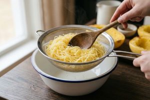 Filaments de courge spaghetti qui s'égouttent dans une passoire