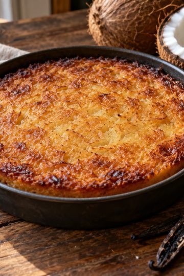 Gâteau manioc réunionnais entier à la croûte dorée et caramélisée sur une table en bois