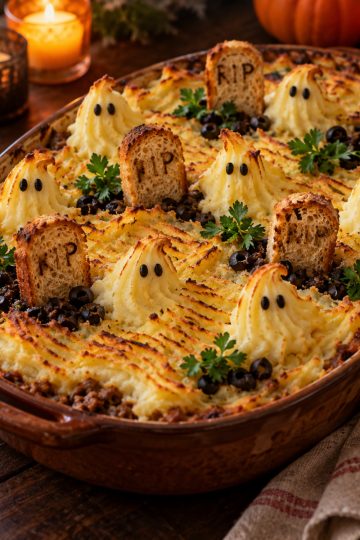 Hachis parmentier d'Halloween en forme de cimetière, avec fantômes en purée et pierres tombales en pain grillé