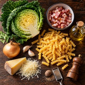 Ingrédients des pâtes au chou et lardons : chou de Milan, lardons fumés, pâtes courtes, oignon, ail et comté