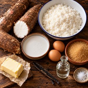 Ingrédients du gâteau manioc 974 : manioc frais râpé finement, lait de coco, œufs, sucre roux, beurre et vanille