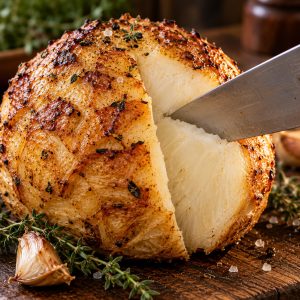 Lame de couteau enfoncée au cœur d'un céleri-rave rôti pour vérifier la cuisson