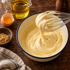 Mayonnaise moutardée montée au fouet pour la sauce rémoulade